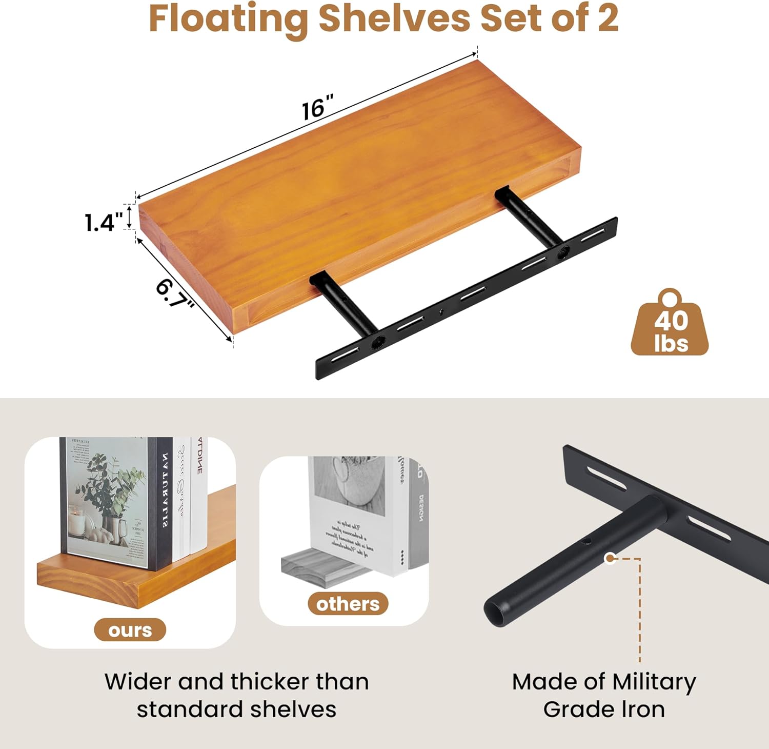 7 Inches Deep 7 Inch Deep Pine Wood Floating Shelves,Set of 2