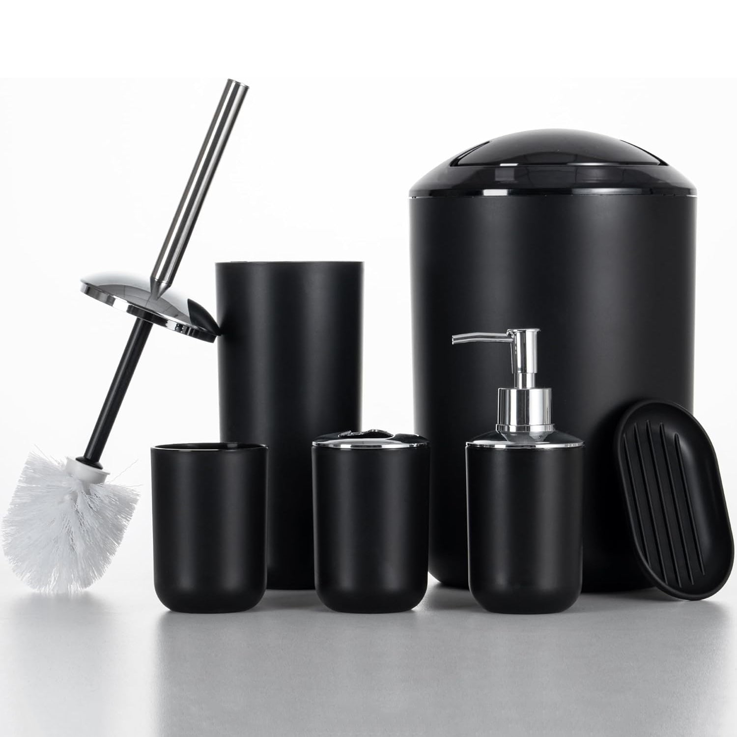Bathroom Accessories Set 6 Piece Bamboo Bath Ensemble — Modern Black / Plastic