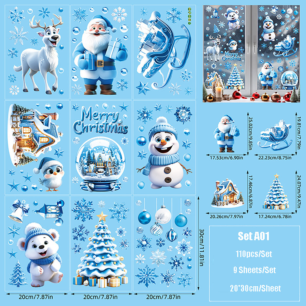 Christmas 2024 DIY Home Decor 3D Window Clings Static Stickers — A01: 20*30cm*9